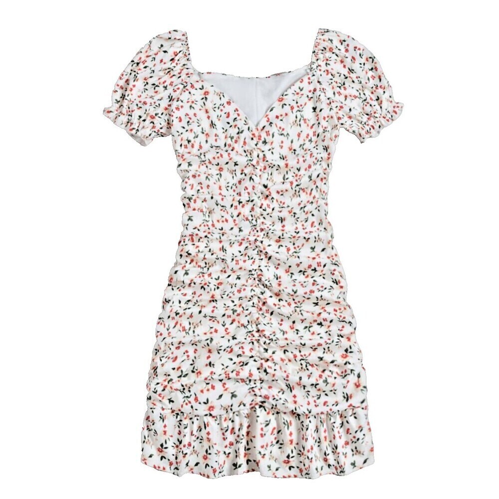 Romwe women mini dress cherry girl ditsy floral ruched ruffle hem romantic S (4)